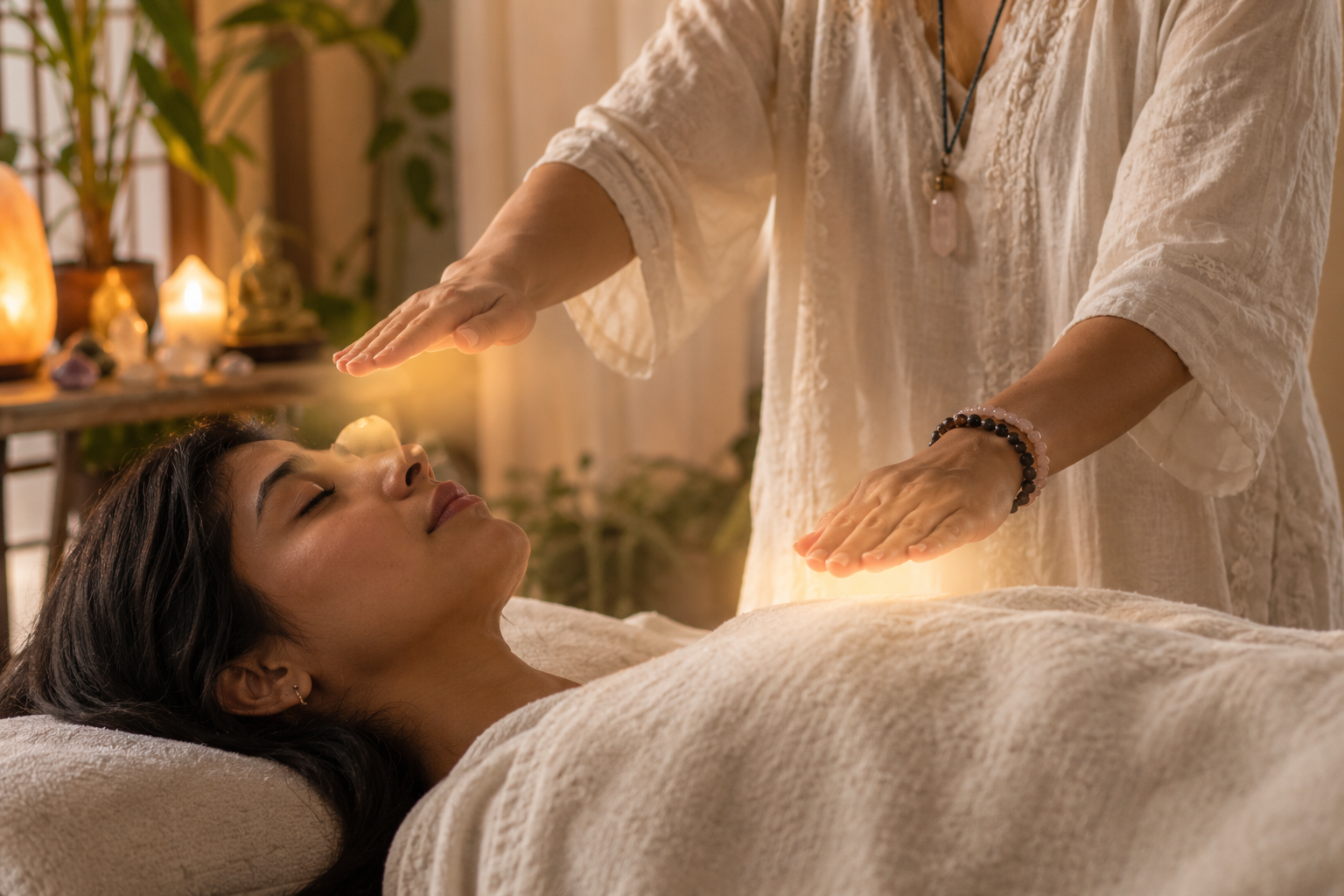 A practitioner offering Reiki with hands resting gently over a person